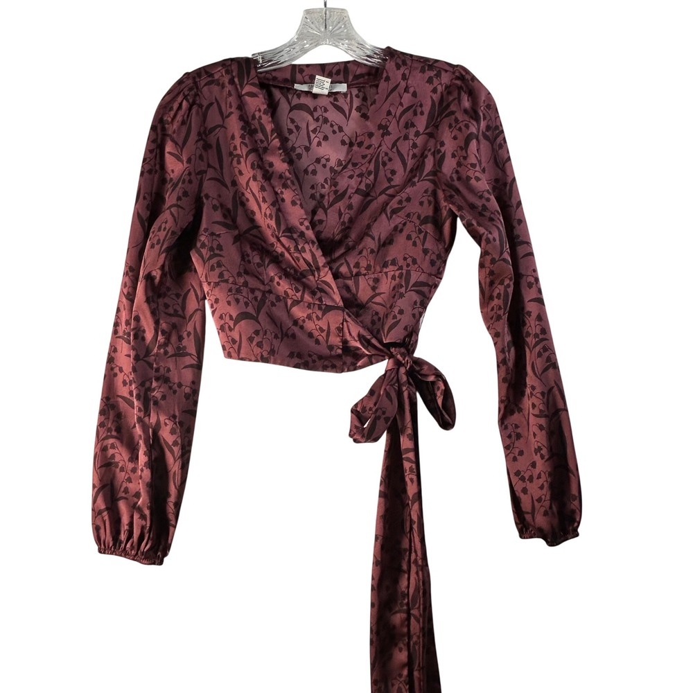 Forever 21 Contemporary Burgundy Floral Satin Wrap Cropped Blouse Small